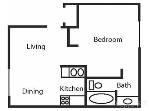 Floor plan for 1 bed, 1 bath, 580 sqft
